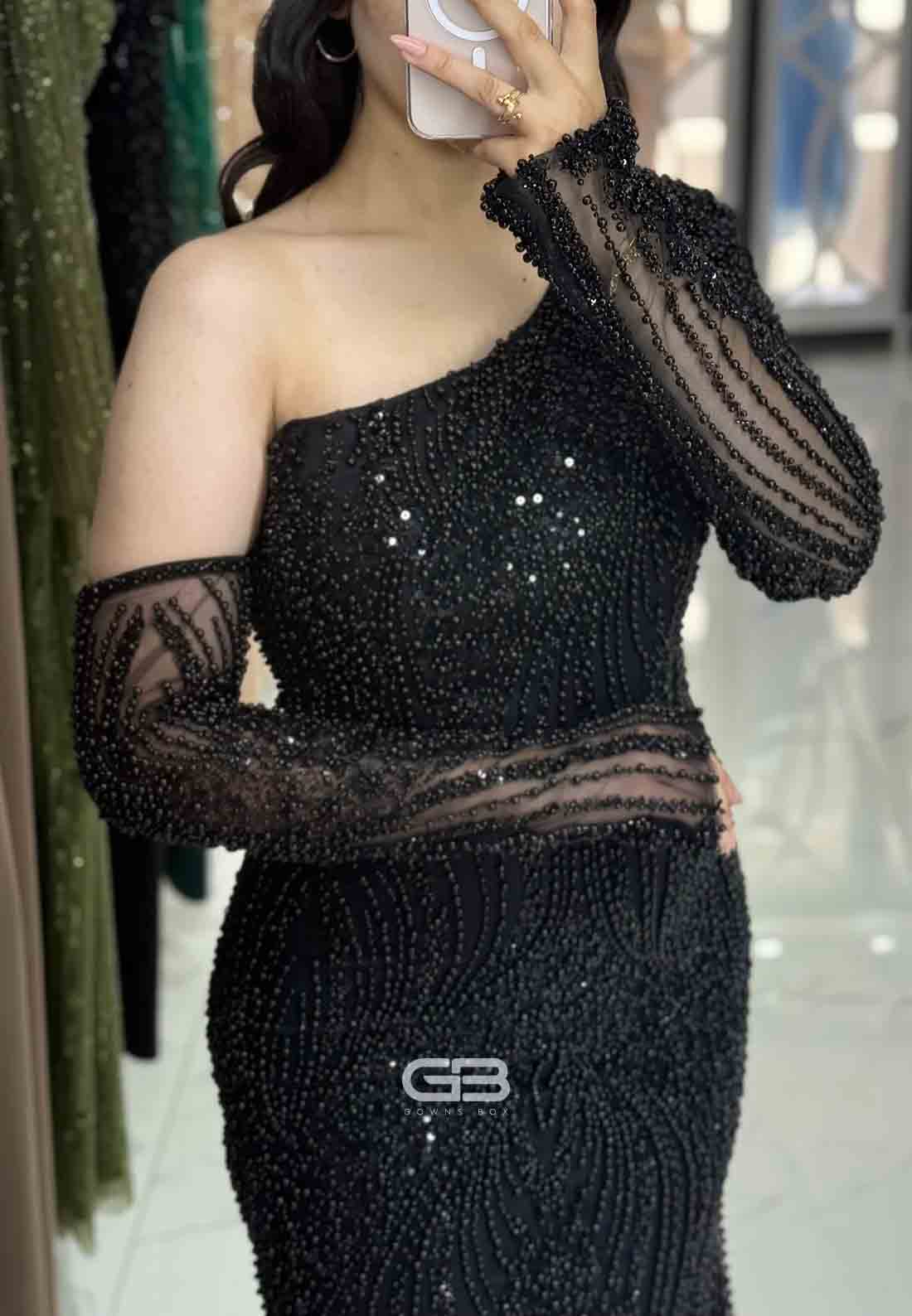 One Shoulder Trumpet Formal Gowns Floor-Length Evening Gowns with Beading