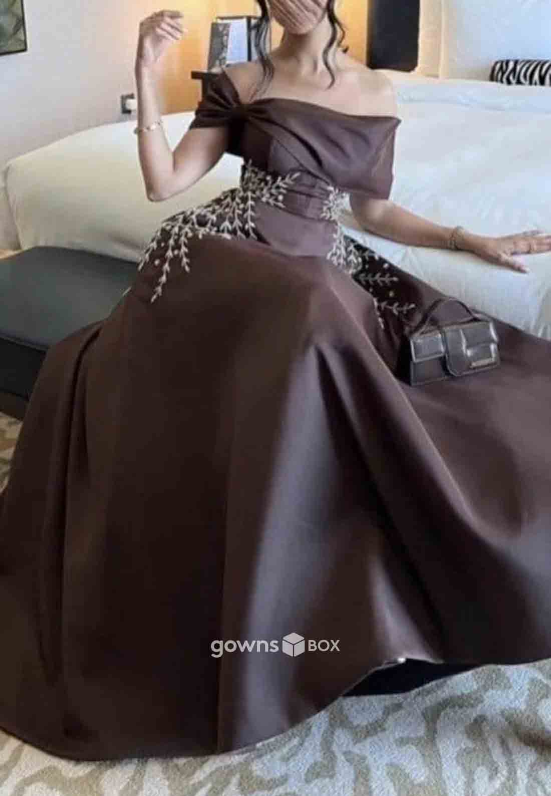 Appliques Off the Shoulder A-Line Floor-Length Pleated Low Back Evening Gowns-GownsBox