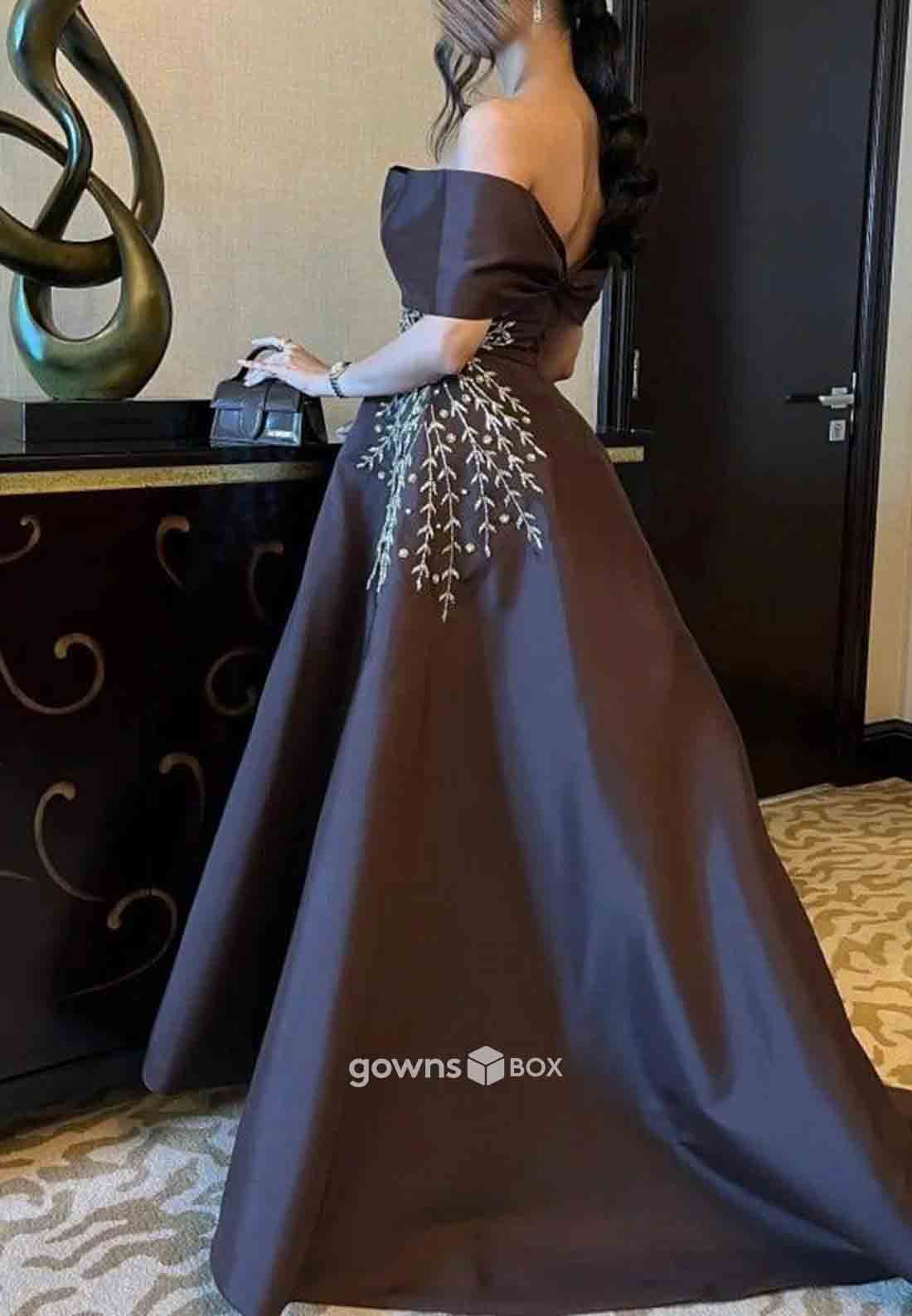 Appliques Off the Shoulder A-Line Floor-Length Pleated Low Back Evening Gowns-GownsBox