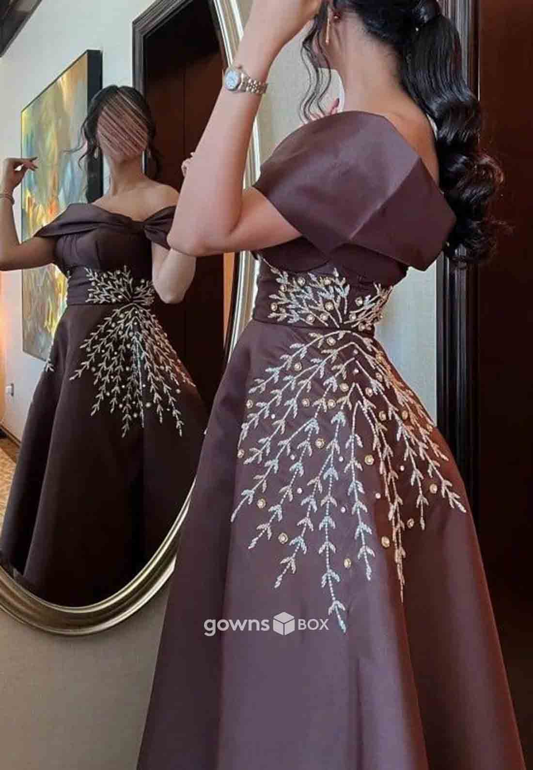 Appliques Off the Shoulder A-Line Floor-Length Pleated Low Back Evening Gowns-GownsBox