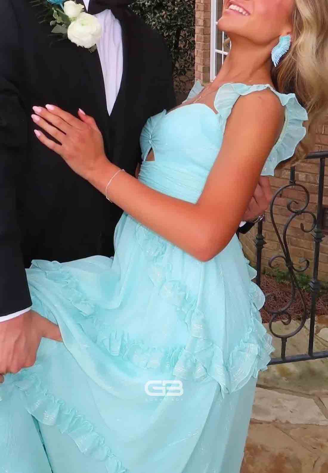 Cute Blue A line Sweetheart Floor-Length Prom Dress with Ruffles