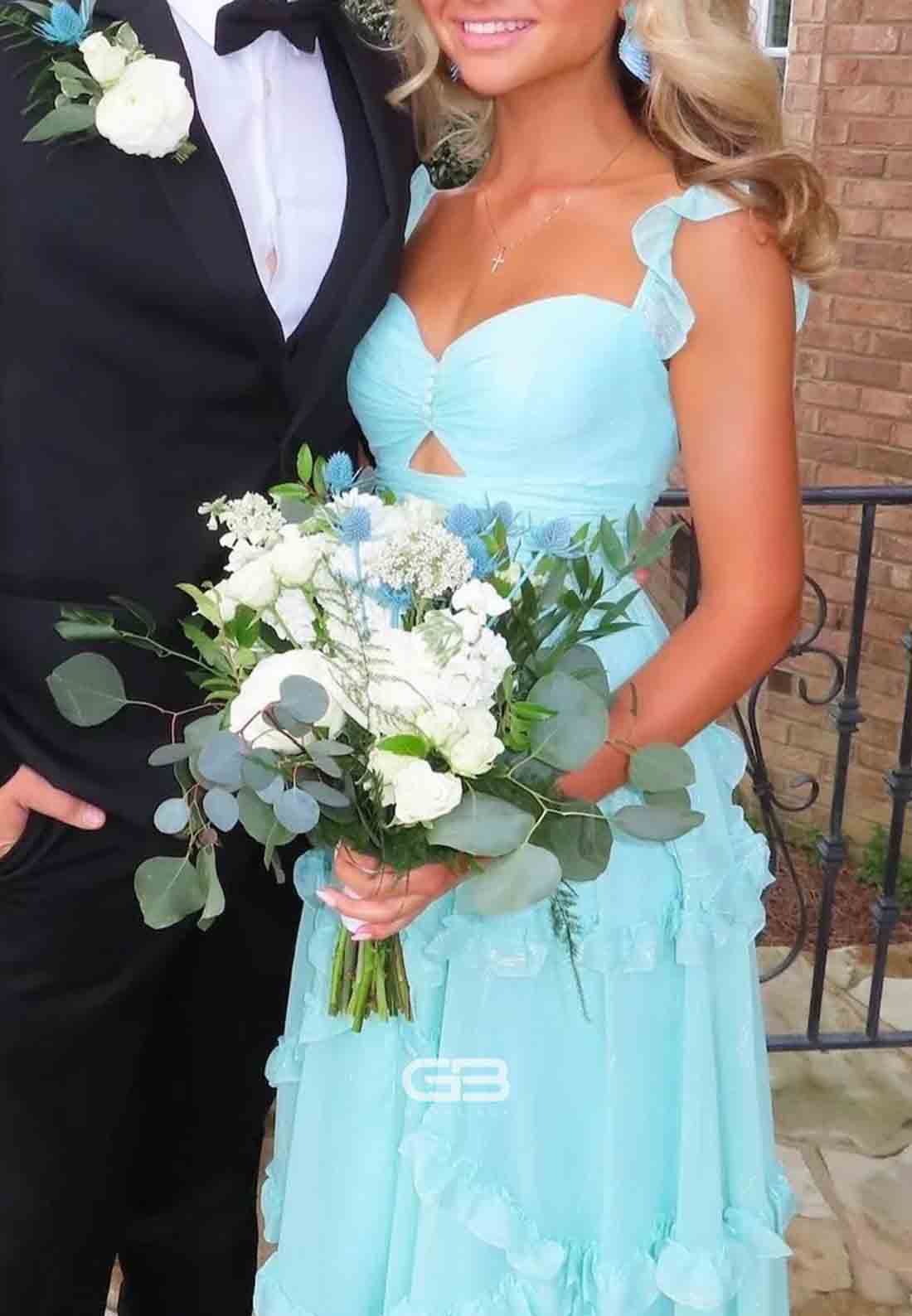 Cute Blue A line Sweetheart Floor-Length Prom Dress with Ruffles
