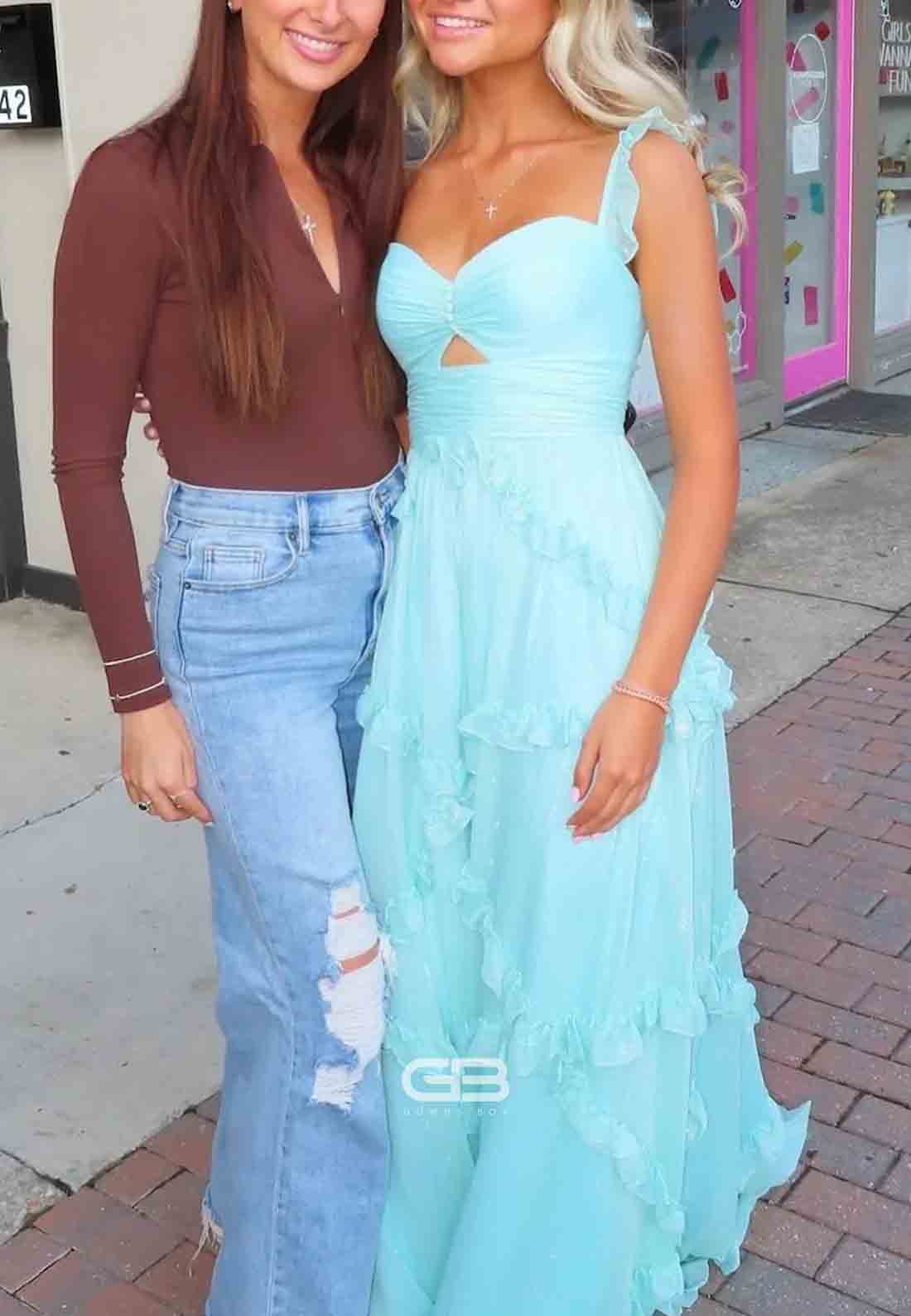 Cute Blue A line Sweetheart Floor-Length Prom Dress with Ruffles