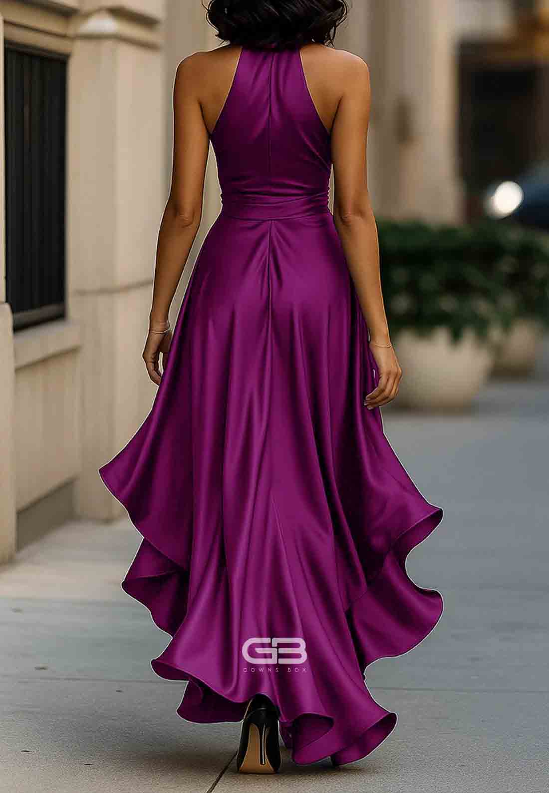 Elegant V-Neck Pleated Satin Halter Neck Asymmetrical Satin Evening Gowns