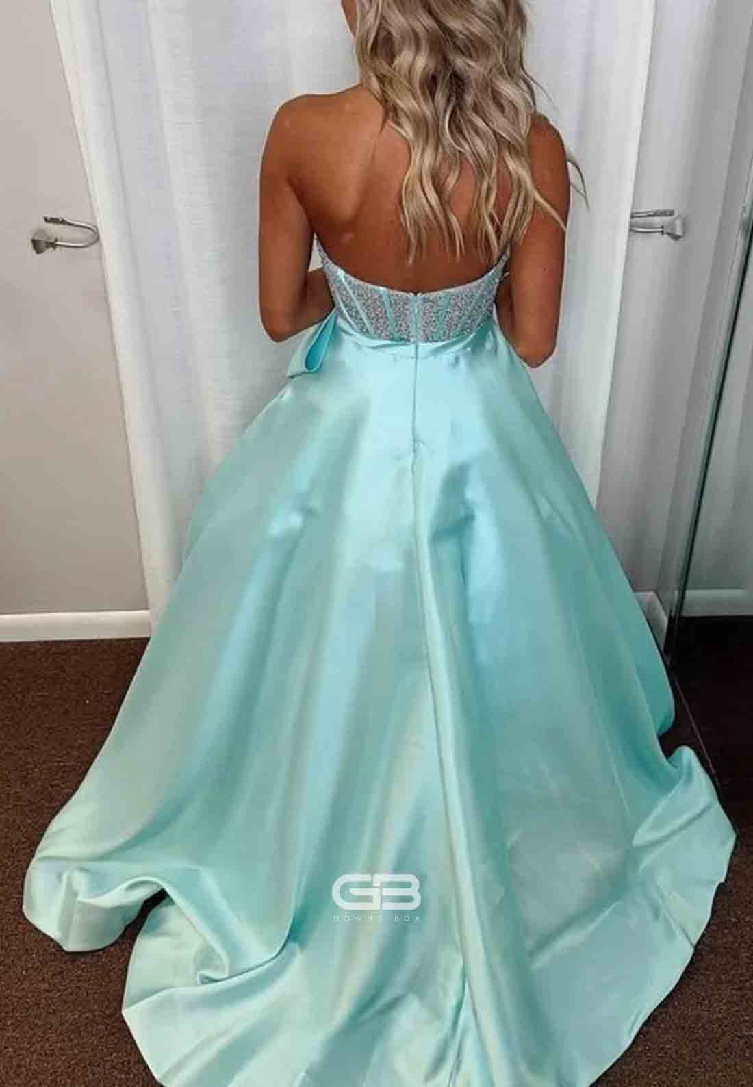 Sweetheart Satin Strapless Beaded A-Line Prom Dresses with Bowknot