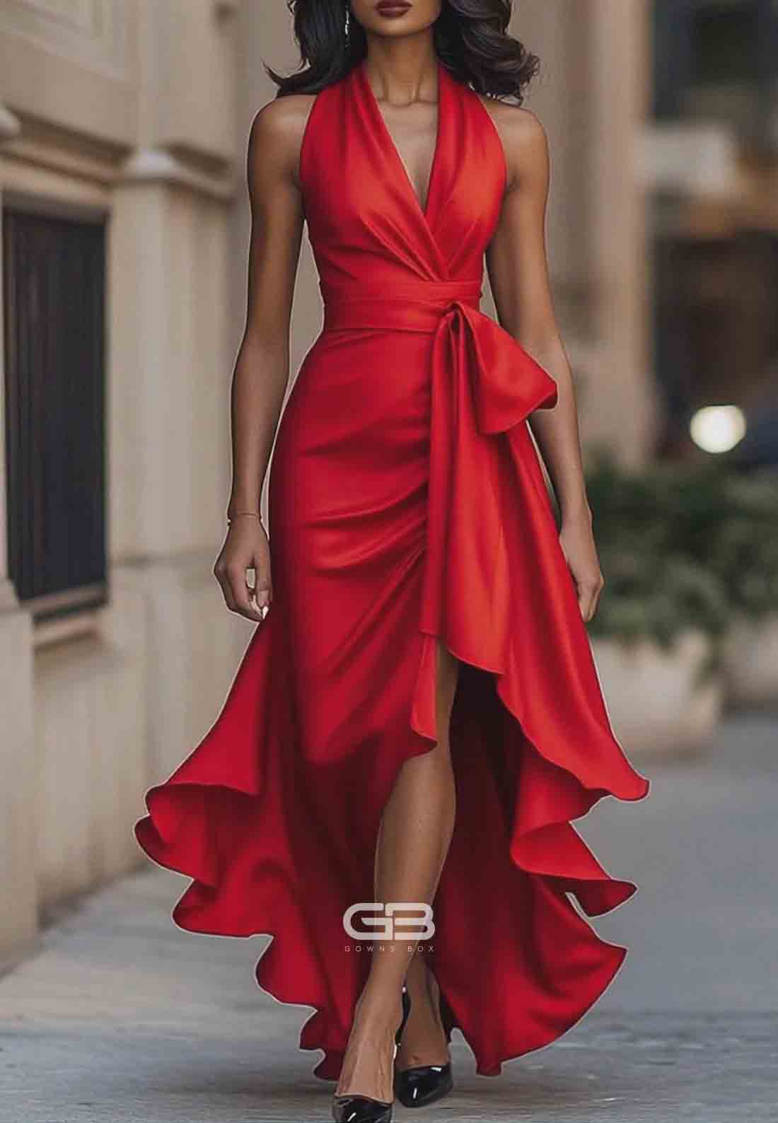 Elegant V-Neck Pleated Satin Halter Neck Asymmetrical Satin Evening Gowns
