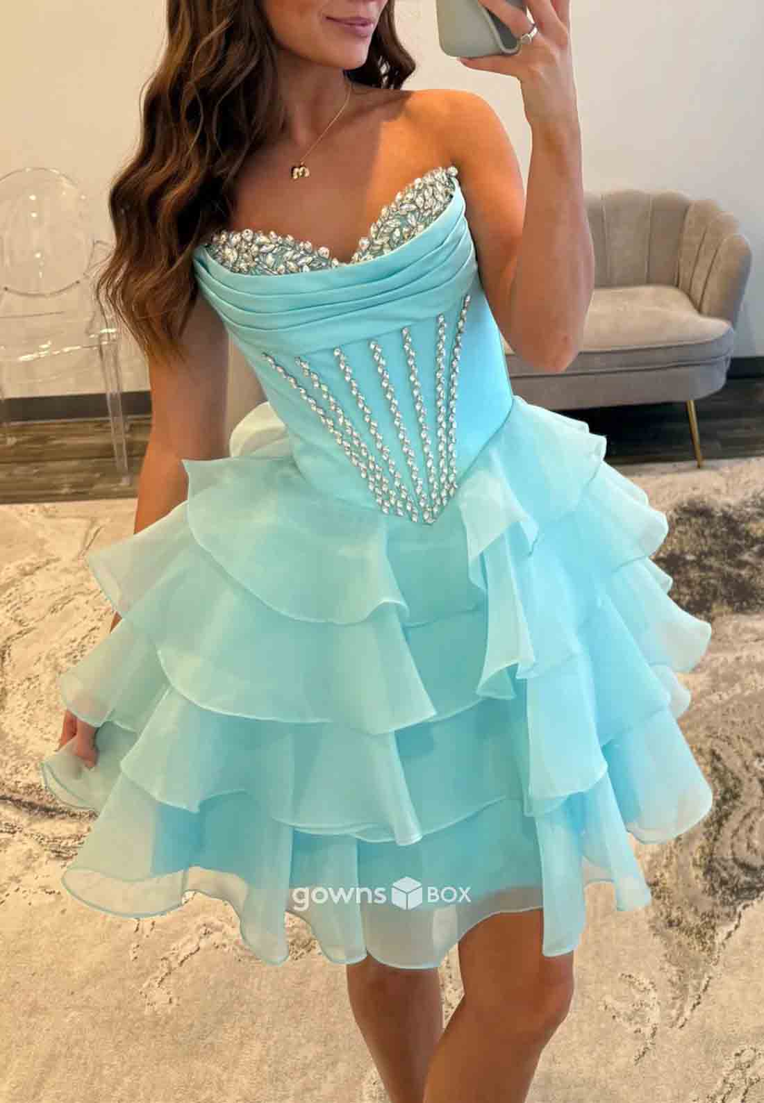 Pretty A Line Sweetheart Blue Corset Homecoming Dress with Beading Ruffles-GownsBox