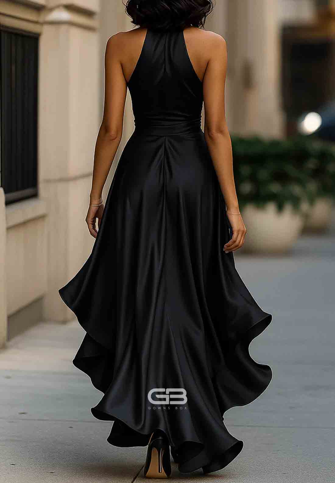 Elegant V-Neck Pleated Satin Halter Neck Asymmetrical Satin Evening Gowns