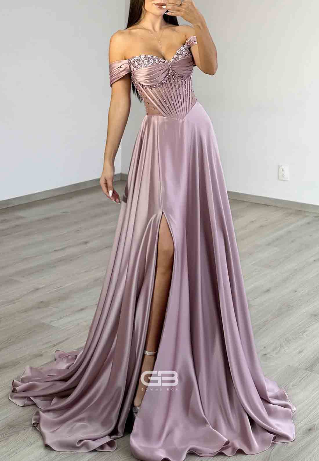 Lilac High Slit Off the Shoulder Satin A-Line Evening Gowns with Flowers