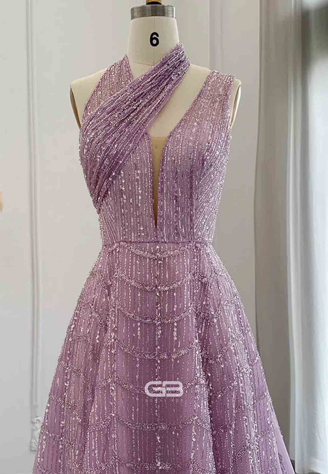 Luxury One Shoulder A-Line Prom Dresses Halter Evening Dress with Beading