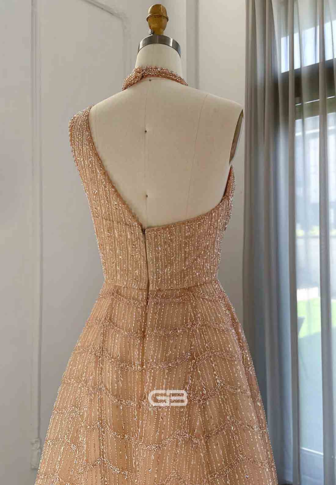 Luxury One Shoulder A-Line Prom Dresses Halter Evening Dress with Beading