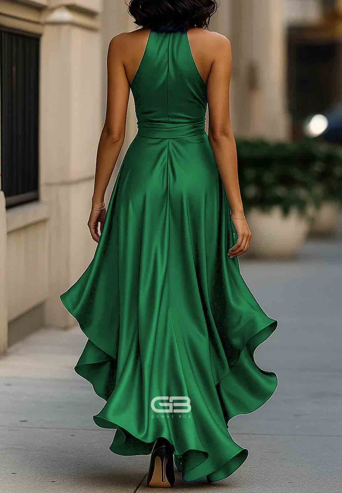 Elegant V-Neck Pleated Satin Halter Neck Asymmetrical Satin Evening Gowns