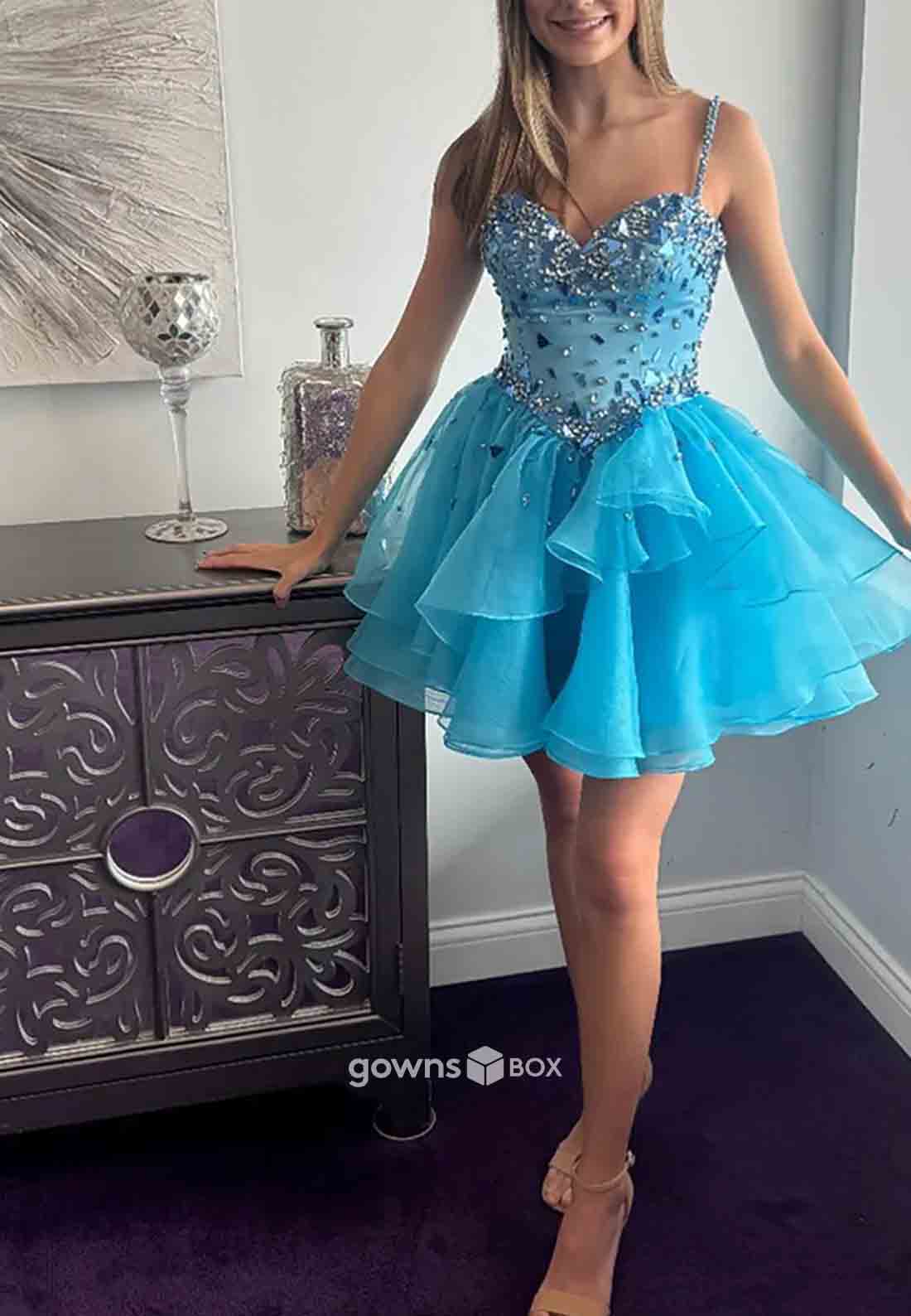 Stylish A-Line Spaghetti Straps Blue Short Homecoming Dress with Beading-GownsBox