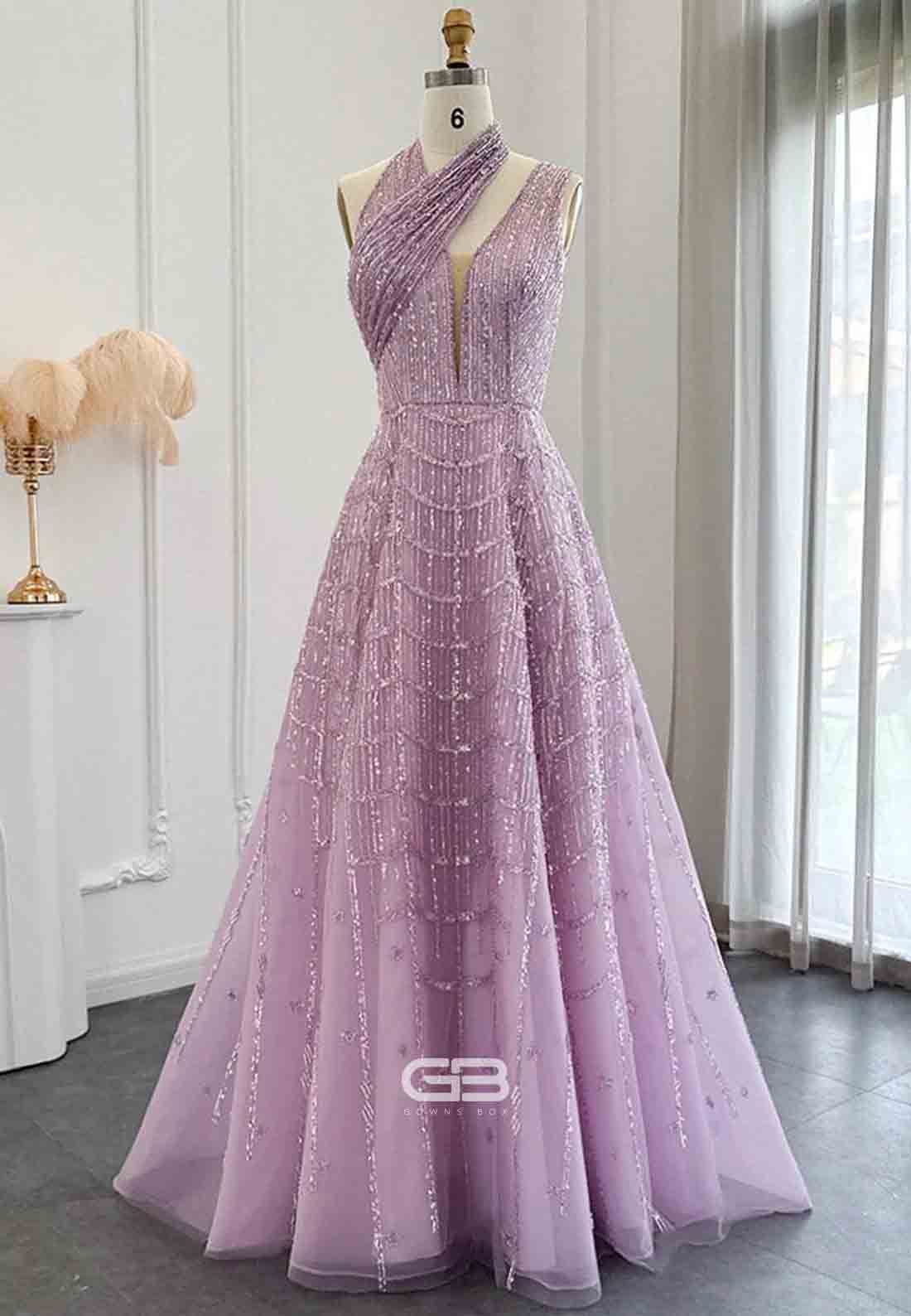 Luxury One Shoulder A-Line Prom Dresses Halter Evening Dress with Beading