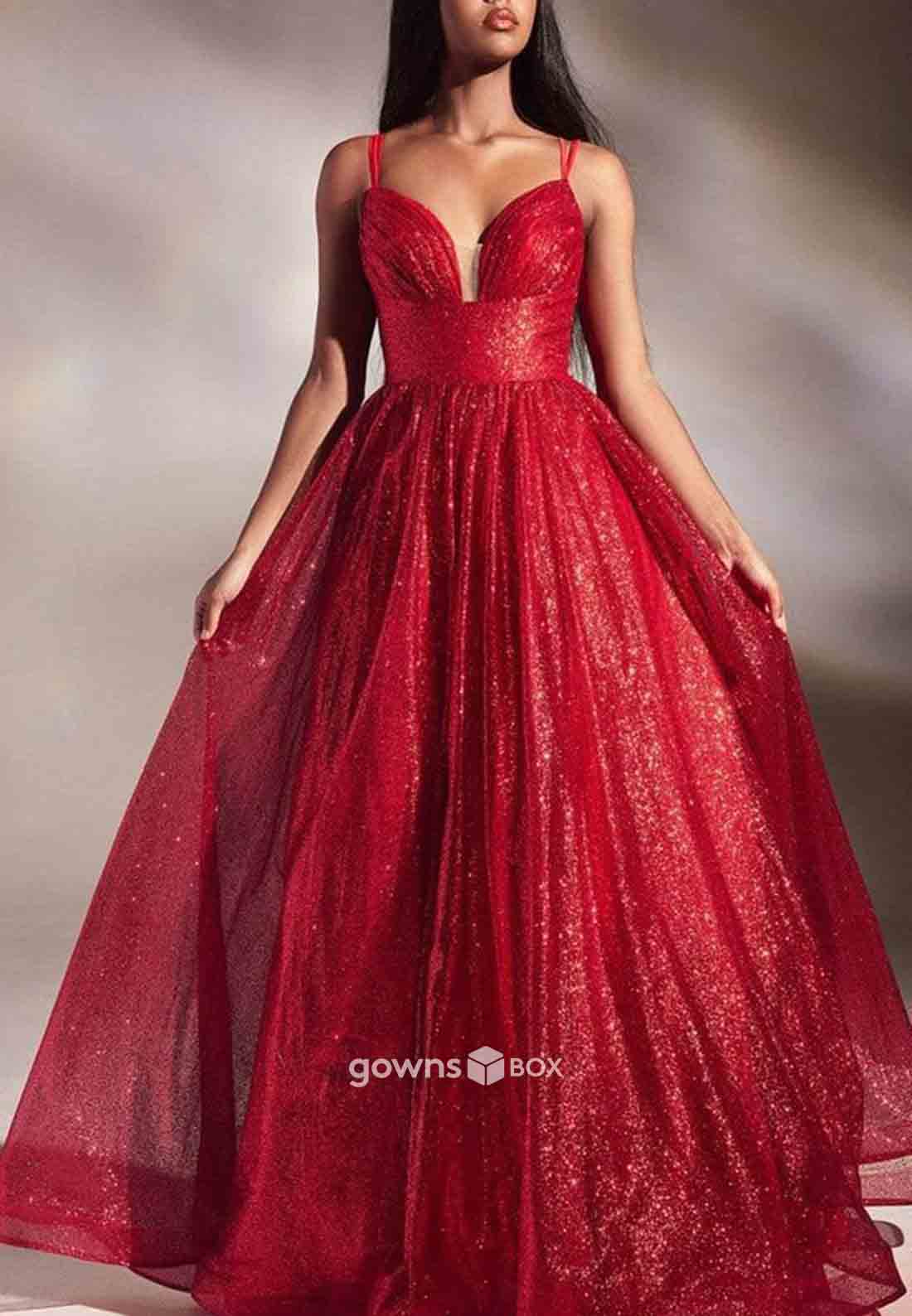 A-Line Floor-Length Glitter Sleeveless Crisscross Back Prom Dresses-GownsBox