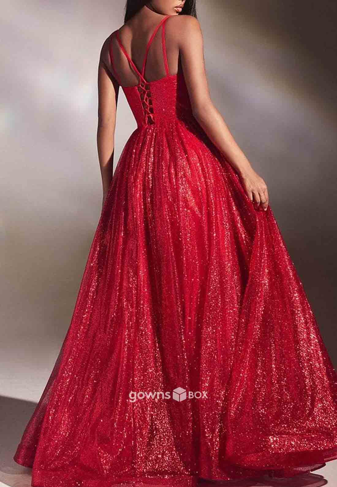 A-Line Floor-Length Glitter Sleeveless Crisscross Back Prom Dresses-GownsBox