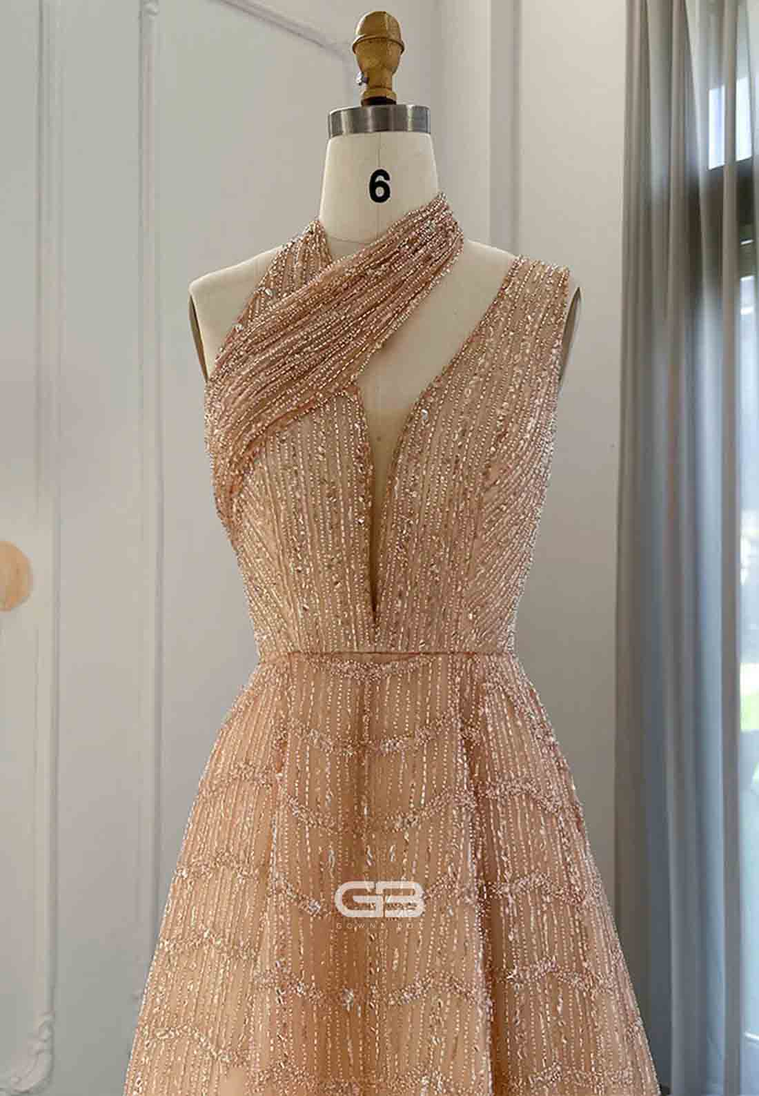 Luxury One Shoulder A-Line Prom Dresses Halter Evening Dress with Beading