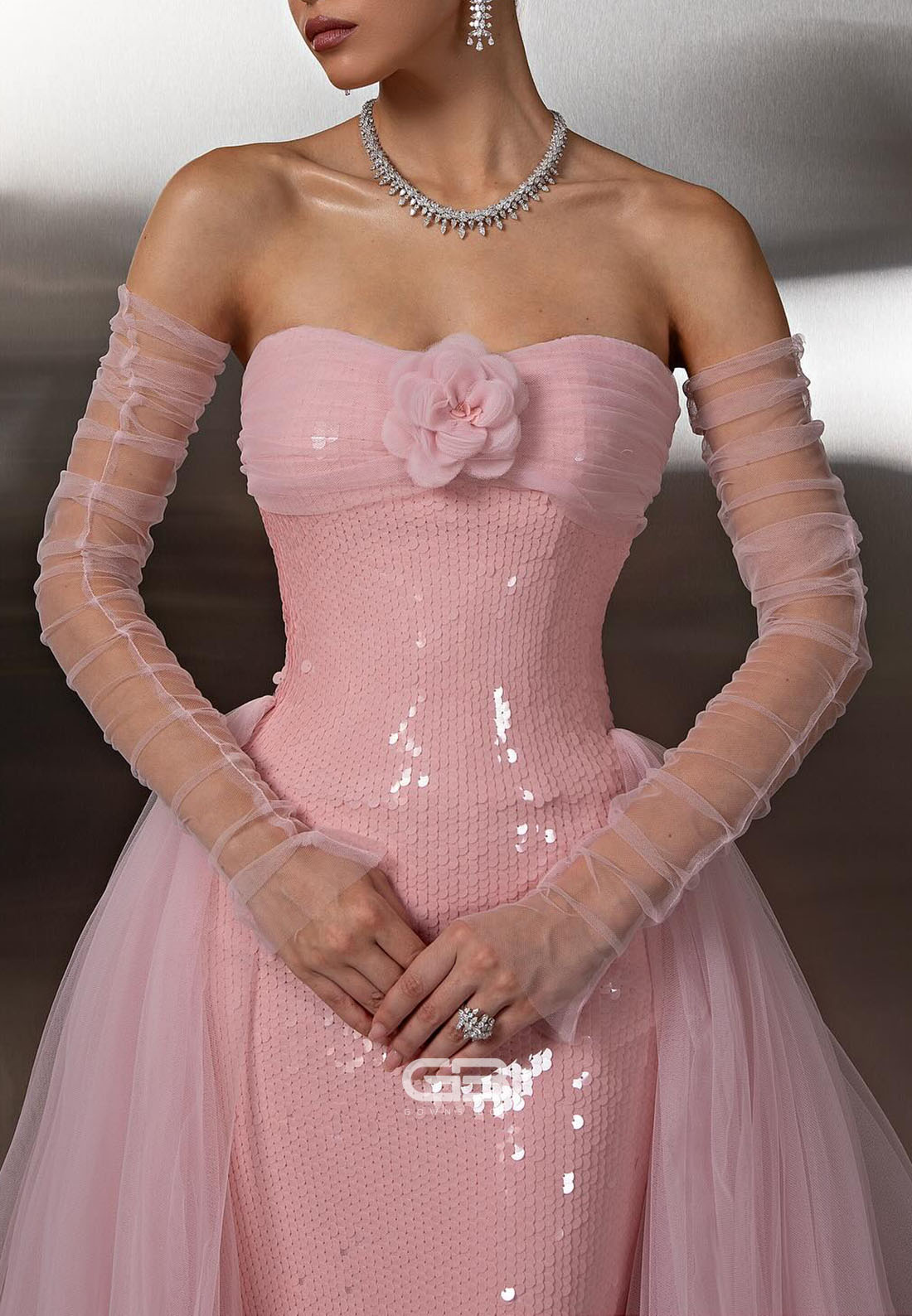 Pink Sweetheart Back Zipper Mermaid Evening Gowns with Tulle Train