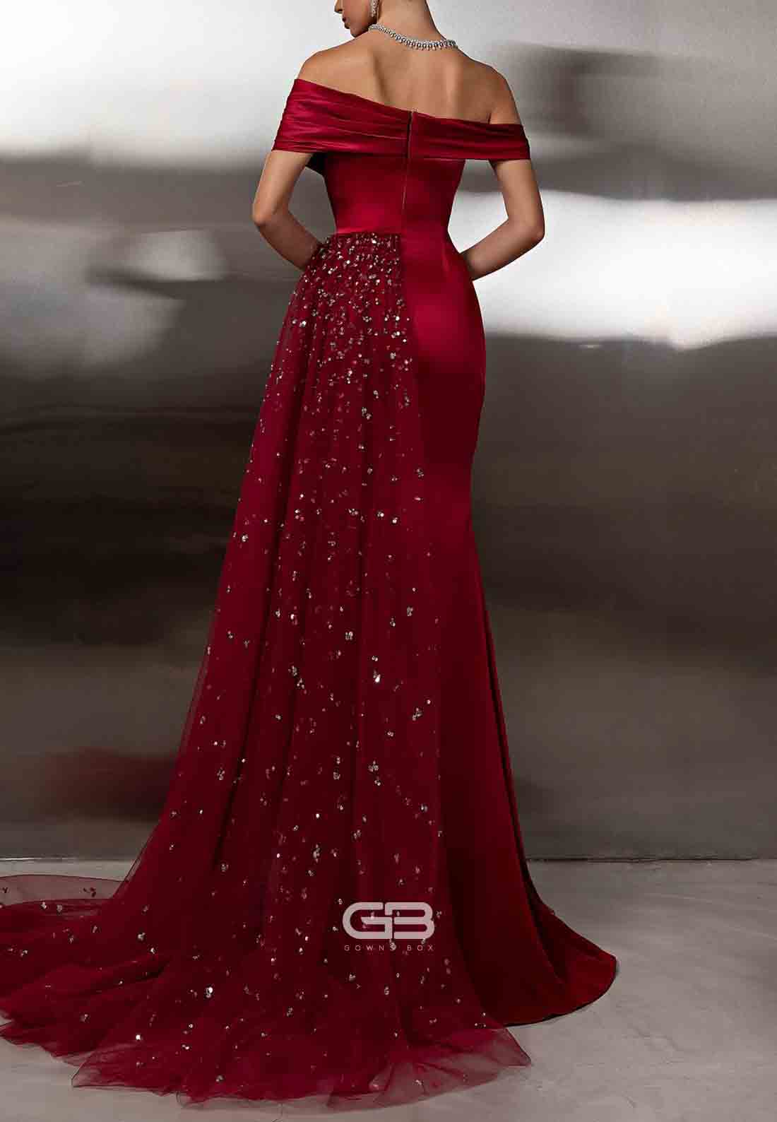 Red Satin Off the Shoulder Floor-Length Side Draping Trumpet Evening Gowns