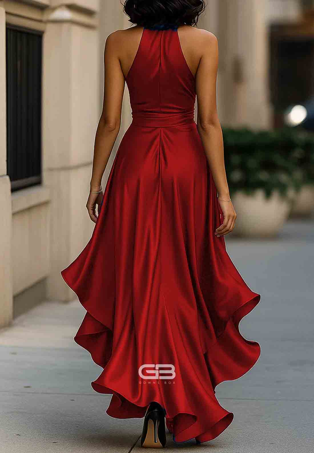Elegant V-Neck Pleated Satin Halter Neck Asymmetrical Satin Evening Gowns