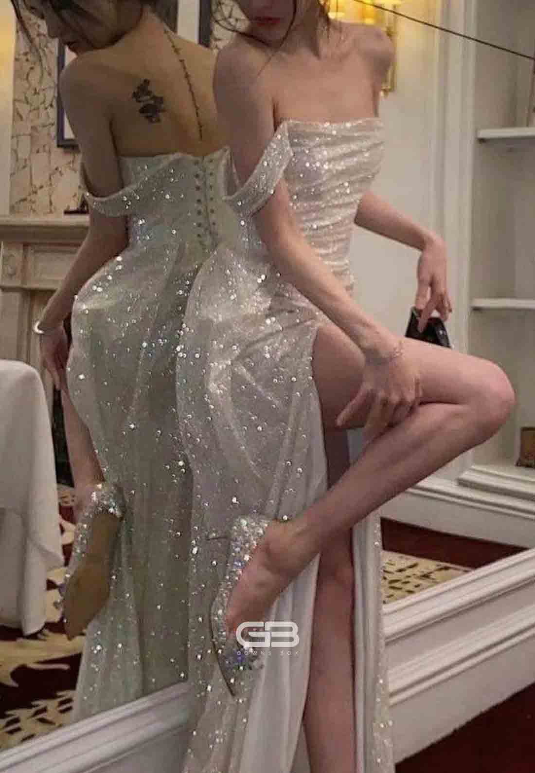 Elegant Off the Shoulder Mermaid Sequins Long Silver Prom Dress with Split Front