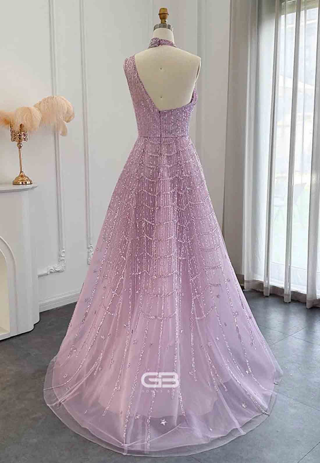 Luxury One Shoulder A-Line Prom Dresses Halter Evening Dress with Beading