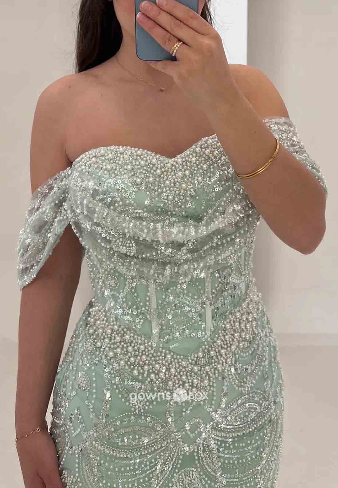 Off-Shoulder Beading Floor-Length Sweetheart Column Pleated Evening Gowns-GownsBox