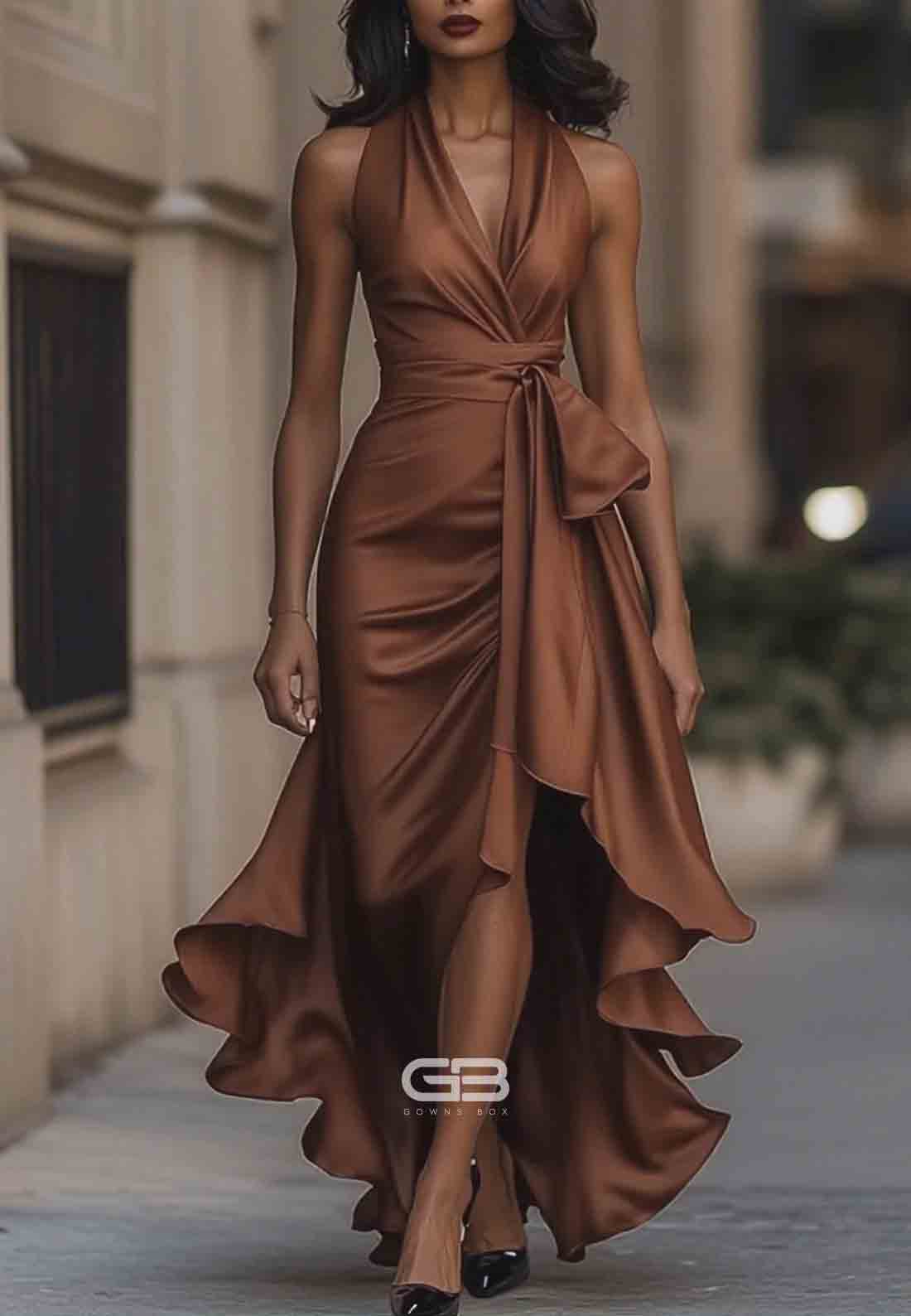 Elegant V-Neck Pleated Satin Halter Neck Asymmetrical Satin Evening Gowns