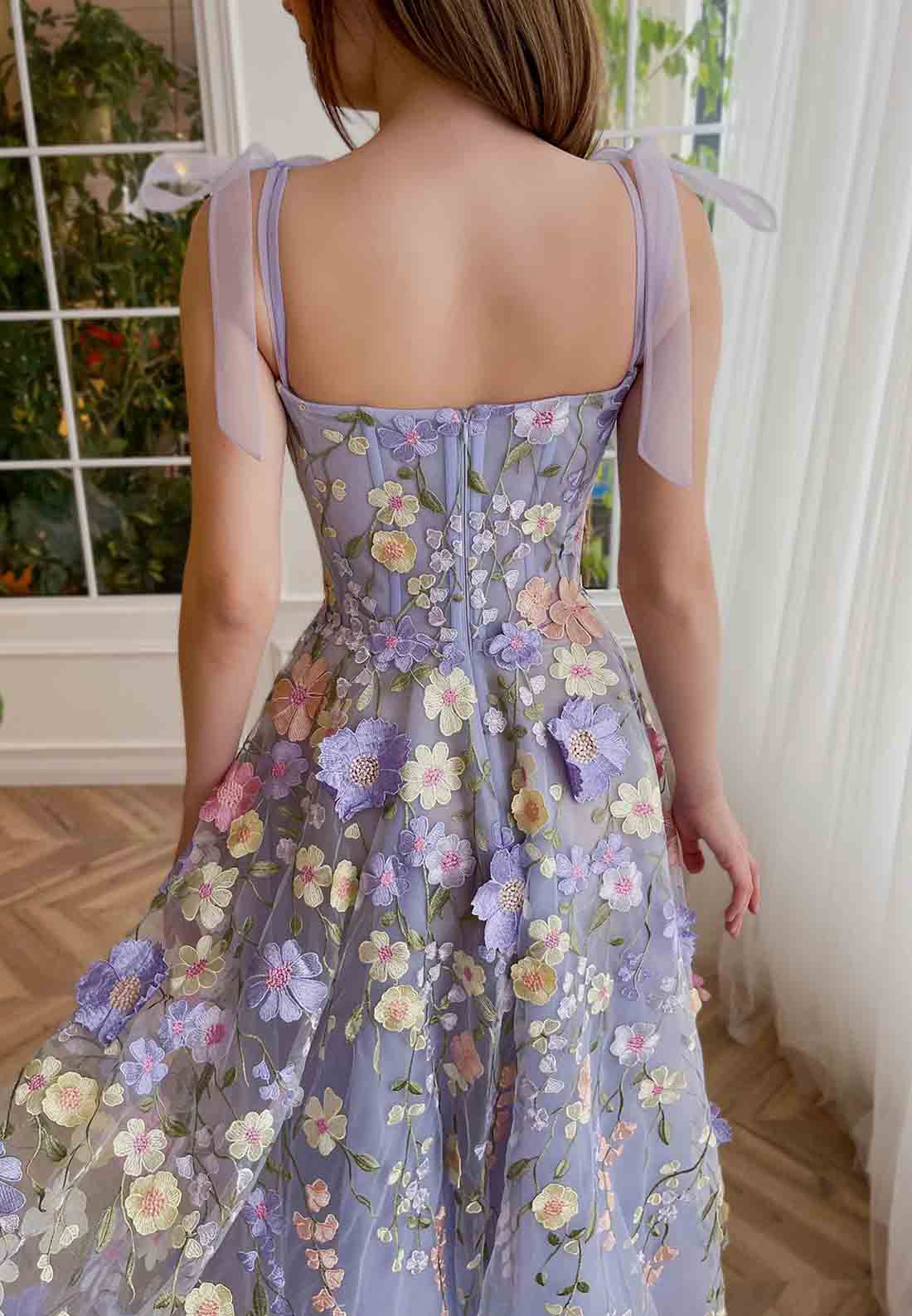 Lilac Midi Dress with Square Neck Spaghetti Straps and Embroidered Flowers