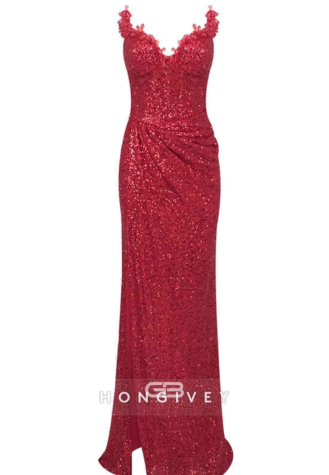 Red Spaghetti Straps Beading Sweetheart Mermaid Evening Gowns With Fea