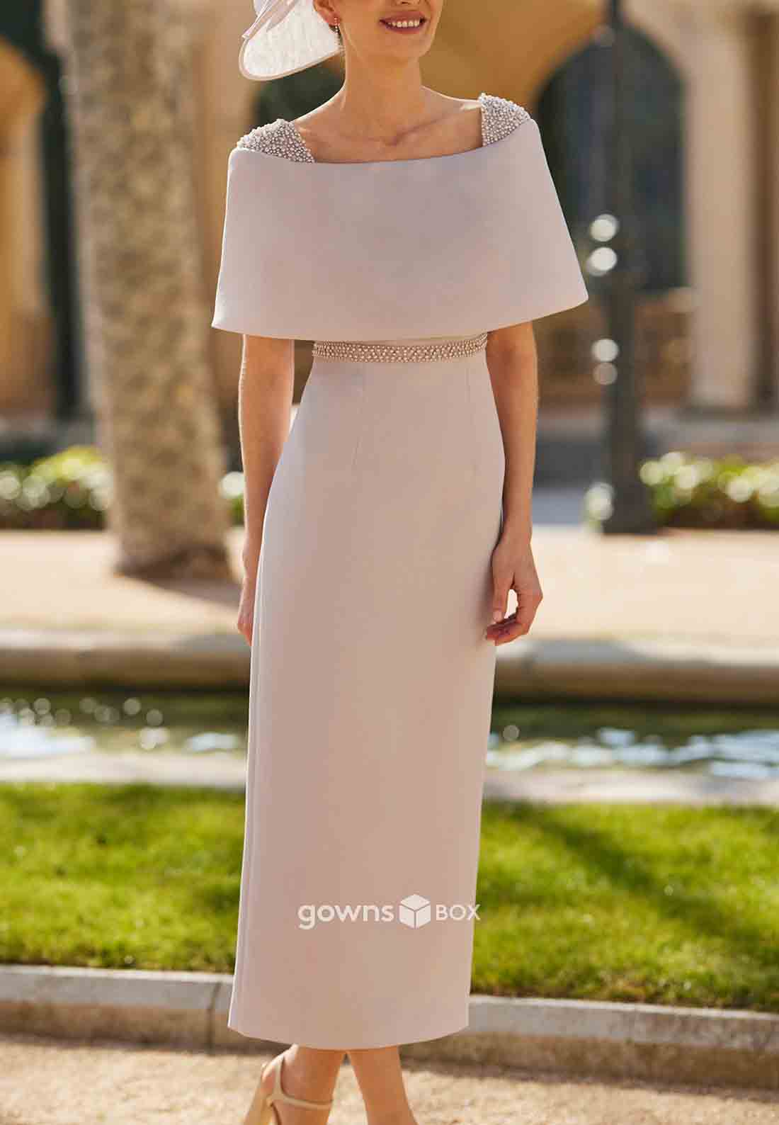 Simple Shawl Bowknot Column Ankle-Length Mother of Bride Dresses-GownsBox