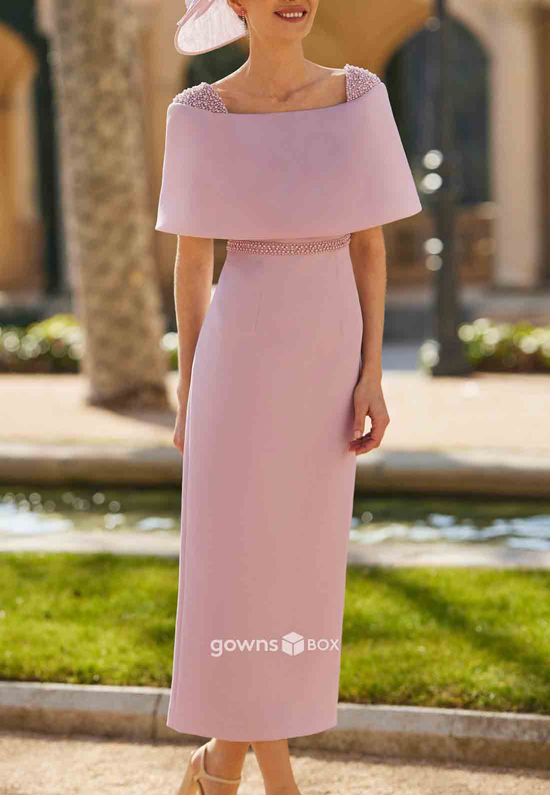 Simple Shawl Bowknot Column Ankle-Length Mother of Bride Dresses-GownsBox