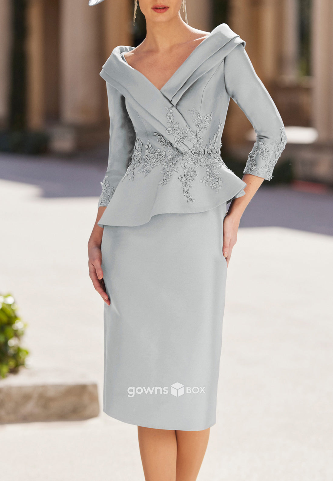 V-Neck Ankle-Length 3/4 Sleeve Appliques Pleated Mother of Bride Dresses-GownsBox
