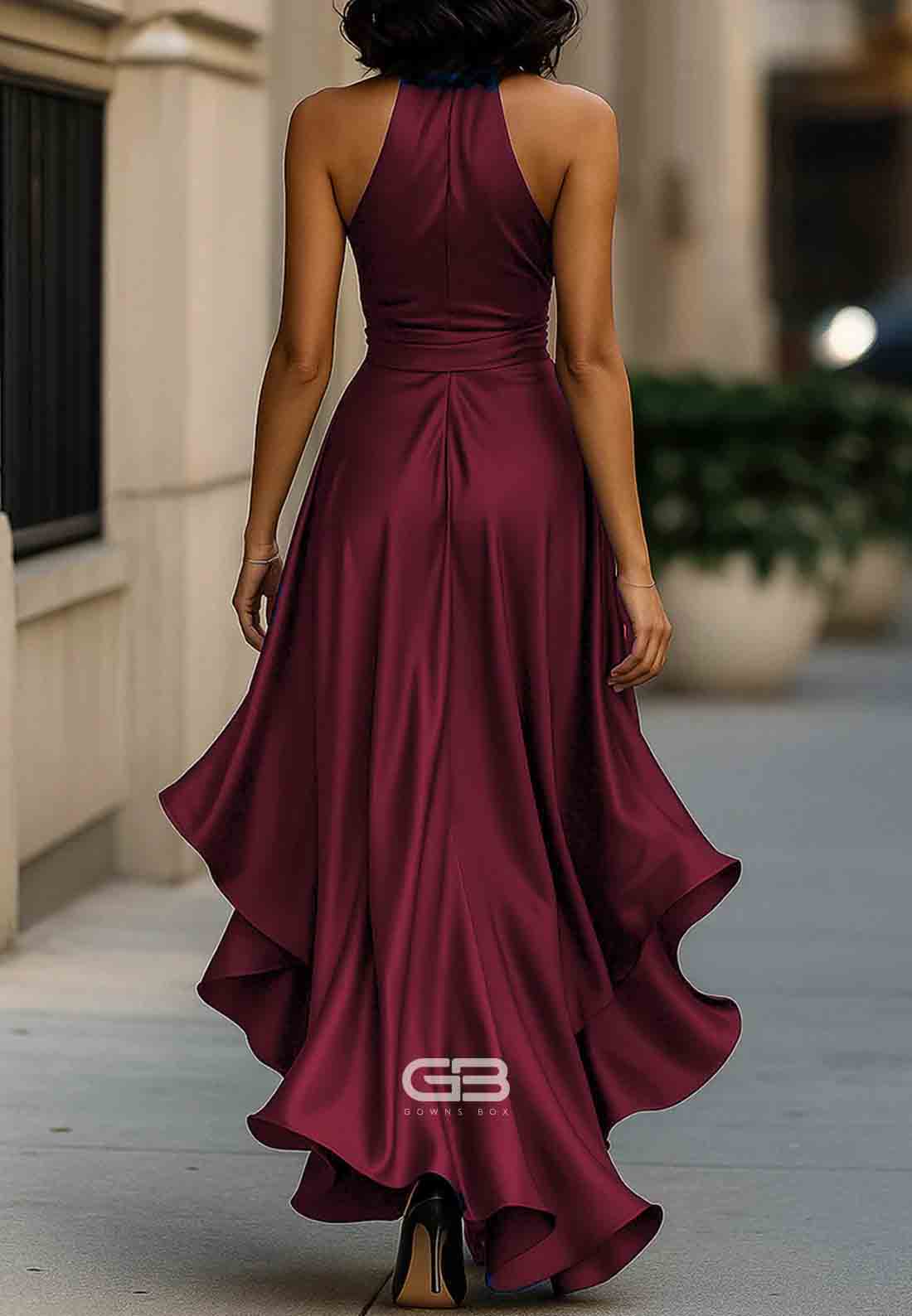 Elegant V-Neck Pleated Satin Halter Neck Asymmetrical Satin Evening Gowns