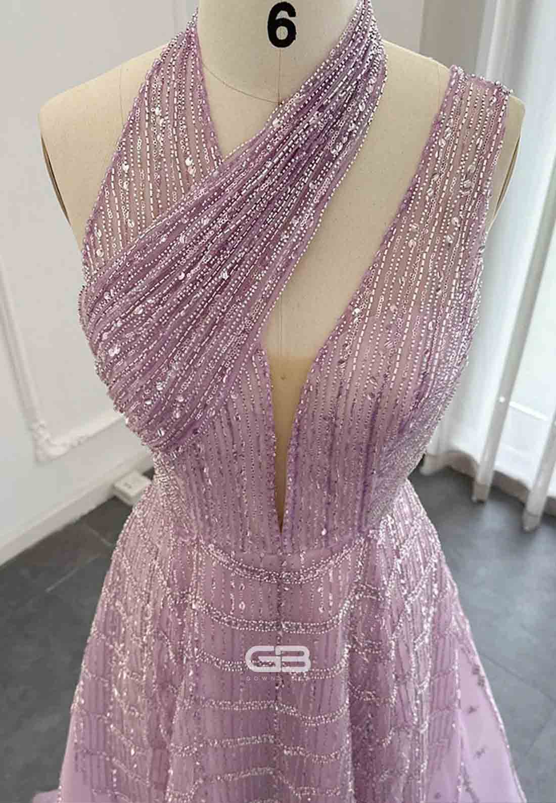 Luxury One Shoulder A-Line Prom Dresses Halter Evening Dress with Beading