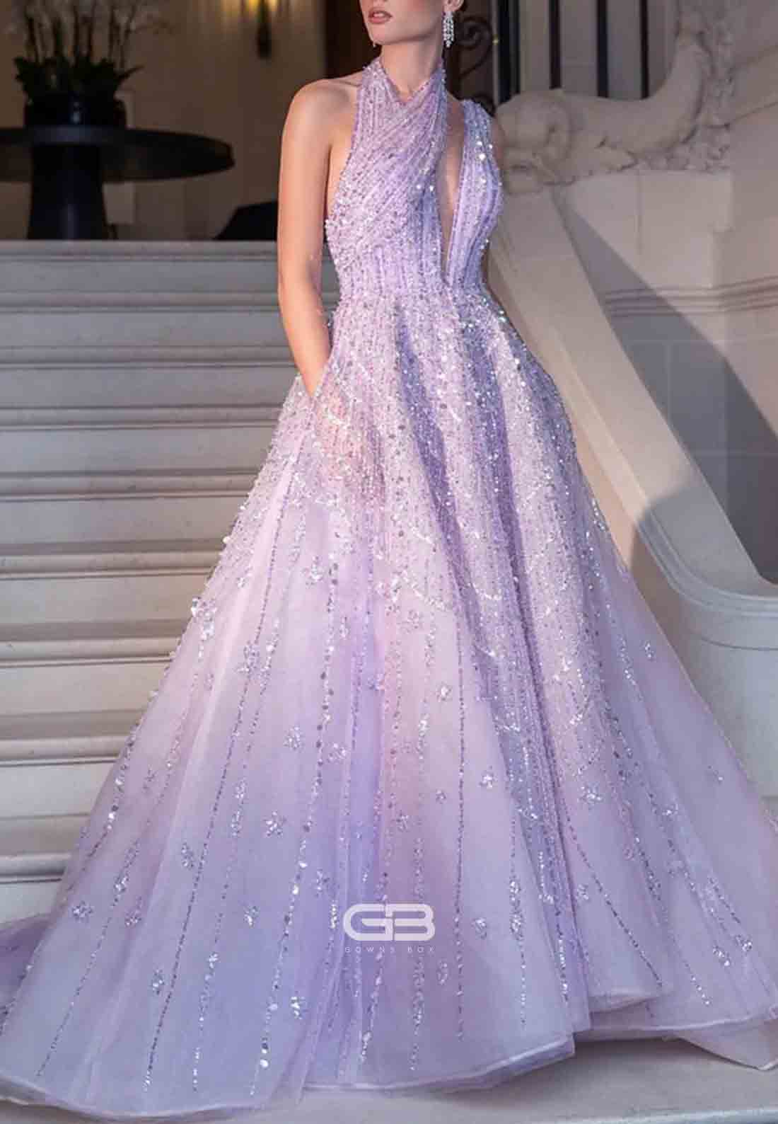 Luxury One Shoulder A-Line Prom Dresses Halter Evening Dress with Beading