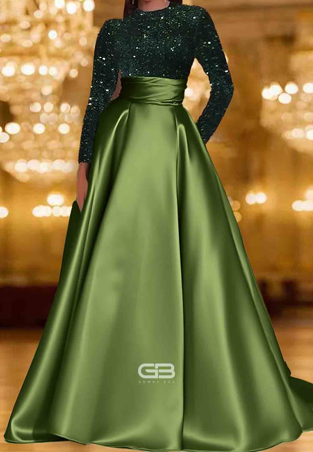 A-Line Floor Length Satin Long Sleeve Evening Gown with Sequin Pocket 