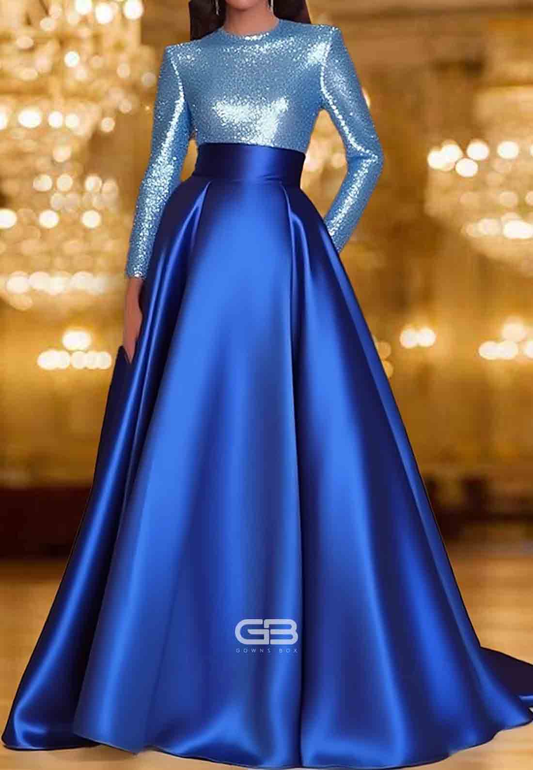 A-Line Floor Length Satin Long Sleeve Evening Gown with Sequin Pocket 