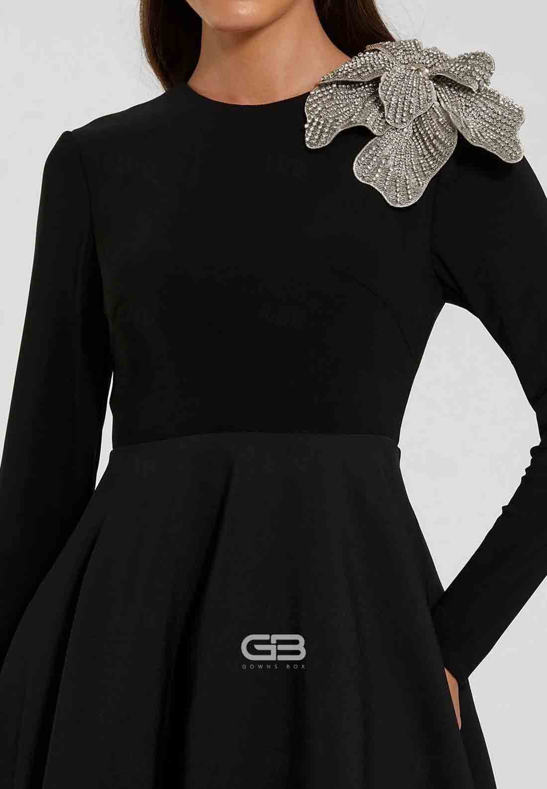 Long Sleeve A-Line Shoulder Flower Crew Neck Evening Gown with Beading Pocket