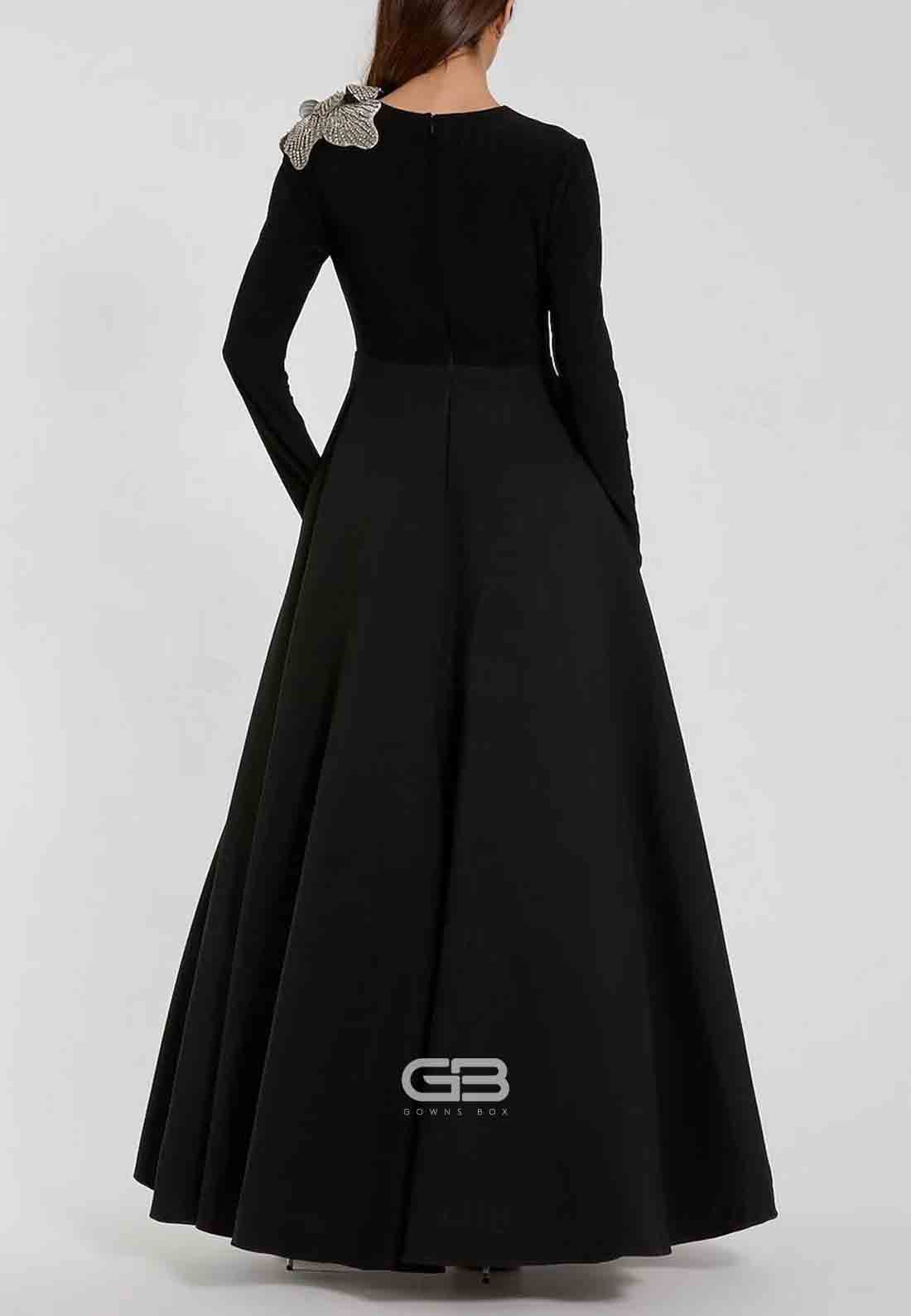Long Sleeve A-Line Shoulder Flower Crew Neck Evening Gown with Beading Pocket