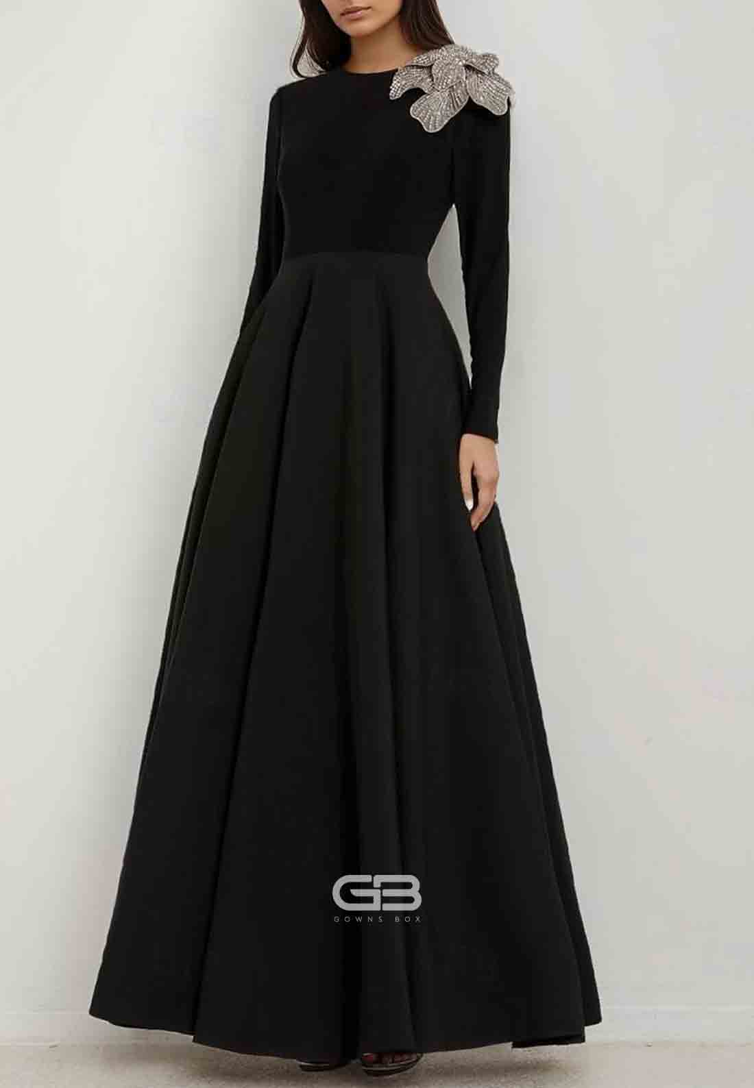 Long Sleeve A-Line Shoulder Flower Crew Neck Evening Gown with Beading Pocket