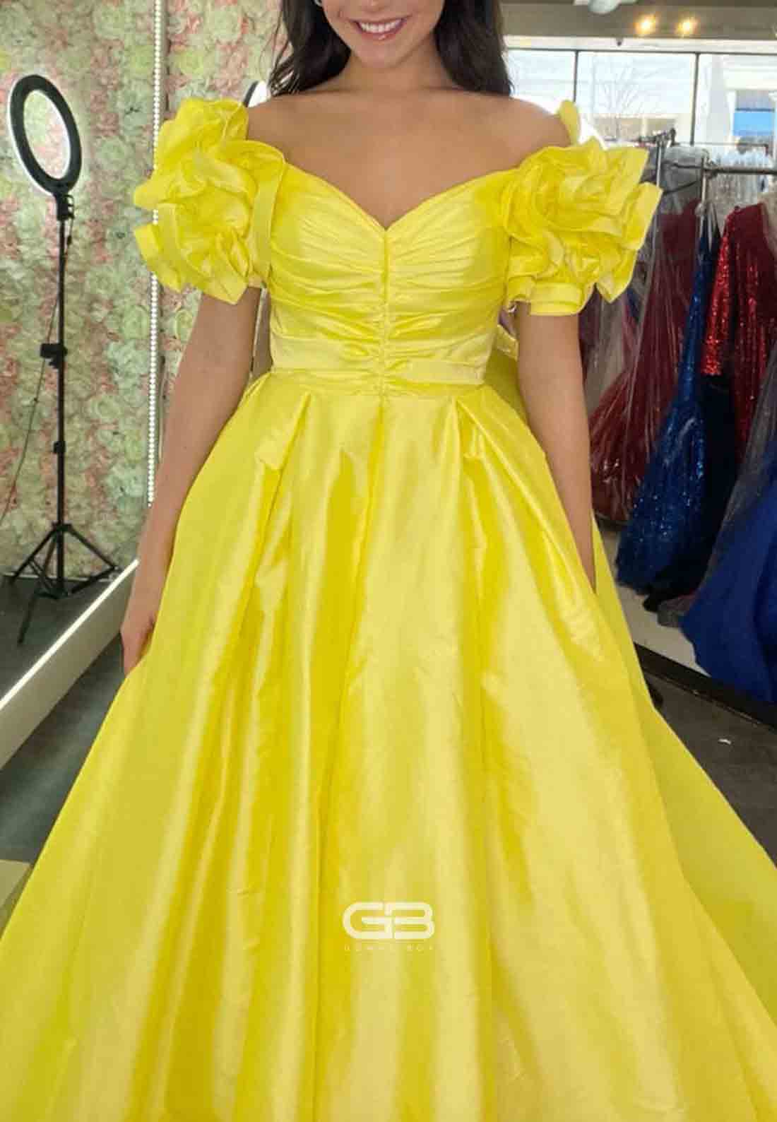 A - Line Yellow Off - the - Shoulder Ruffled Slee 