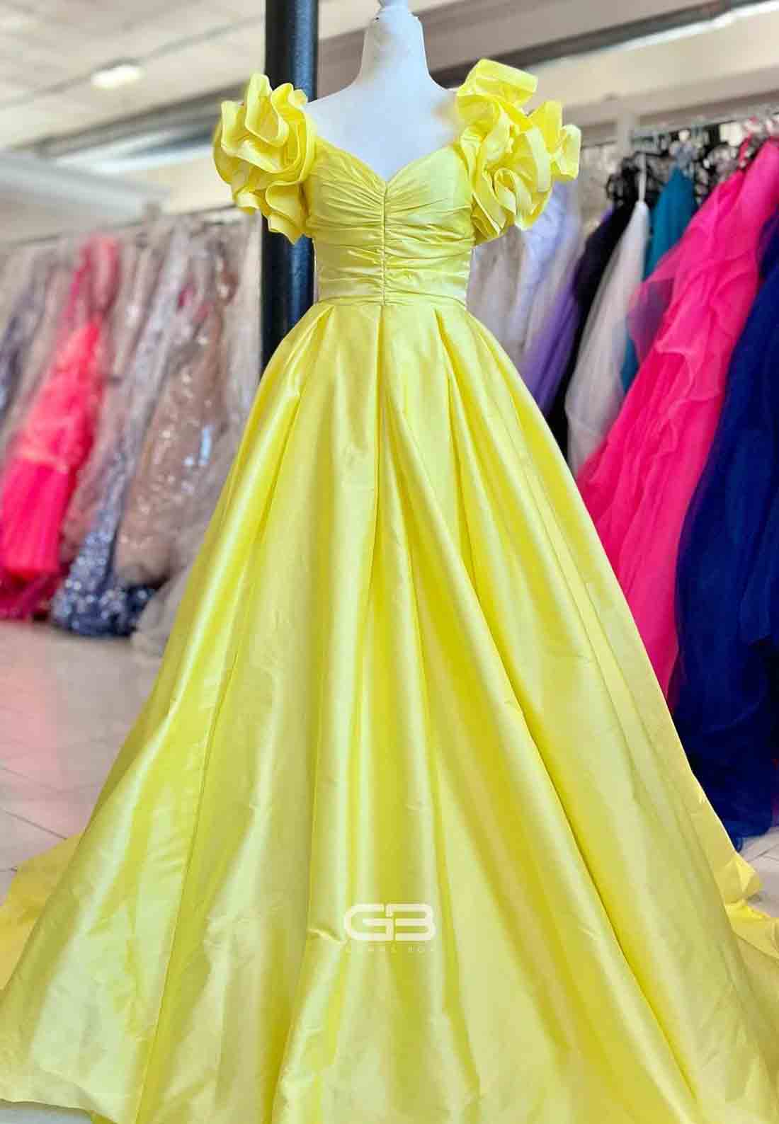 A - Line Yellow Off - the - Shoulder Ruffled Slee 