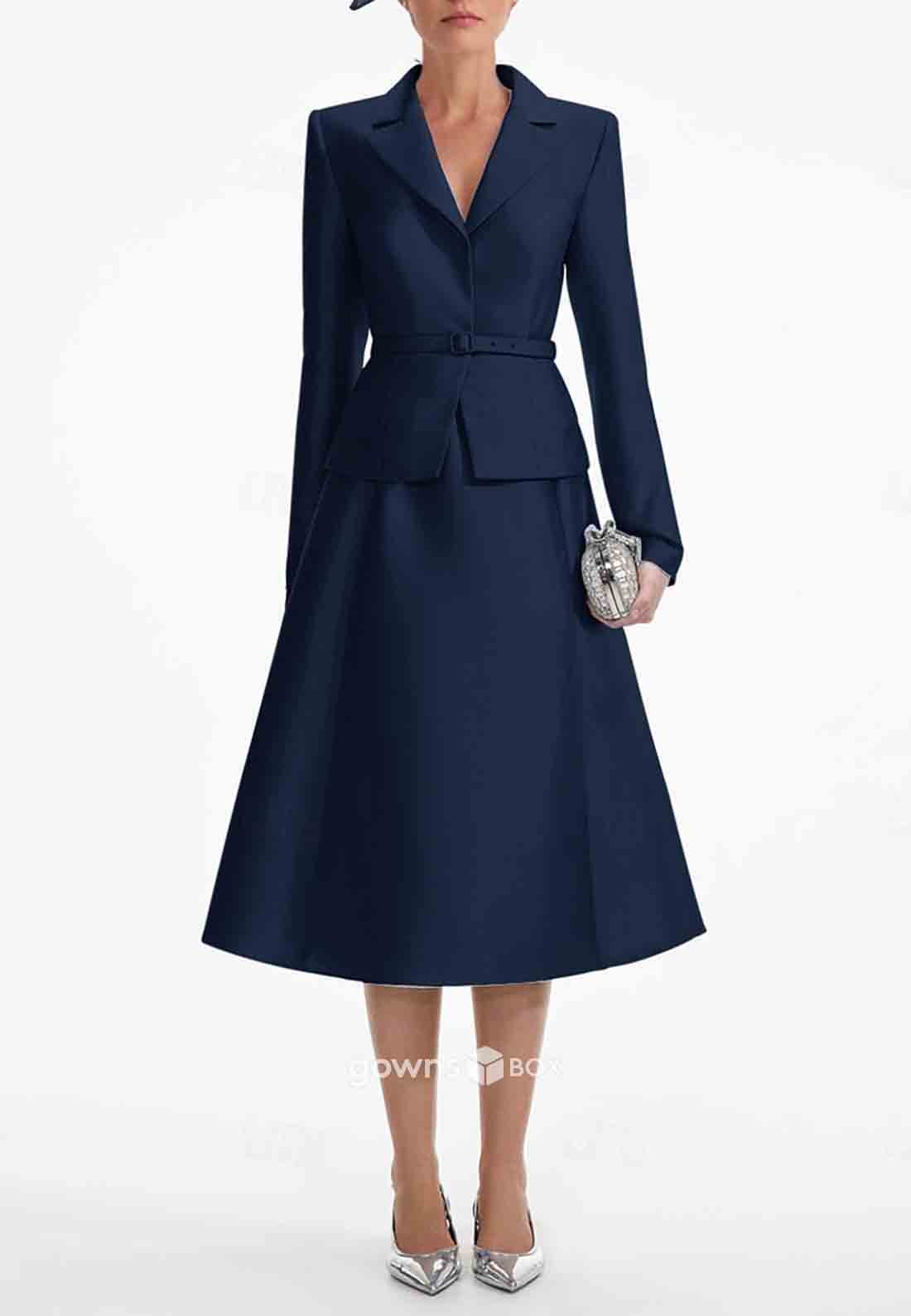 A-Line V-Neck Tea-Length Long Sleeves Cocktail Dresses Waistband Mother of Bride Dresses-GownsBox