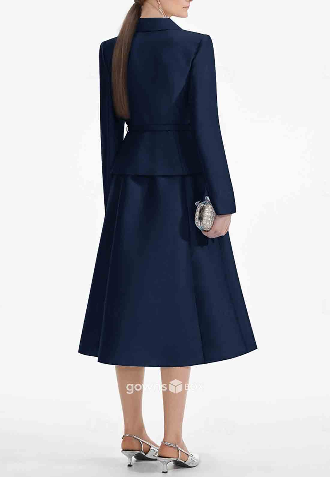 A-Line V-Neck Tea-Length Long Sleeves Cocktail Dresses Waistband Mother of Bride Dresses-GownsBox