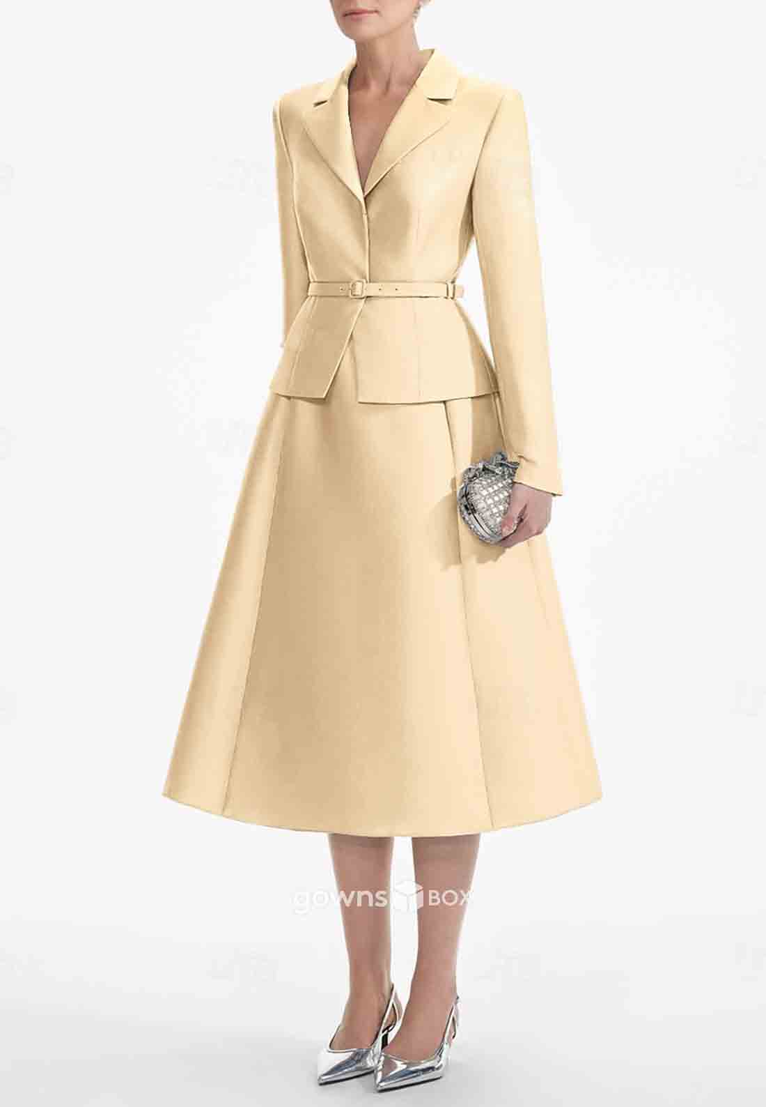 A-Line V-Neck Tea-Length Long Sleeves Cocktail Dresses Waistband Mother of Bride Dresses-GownsBox