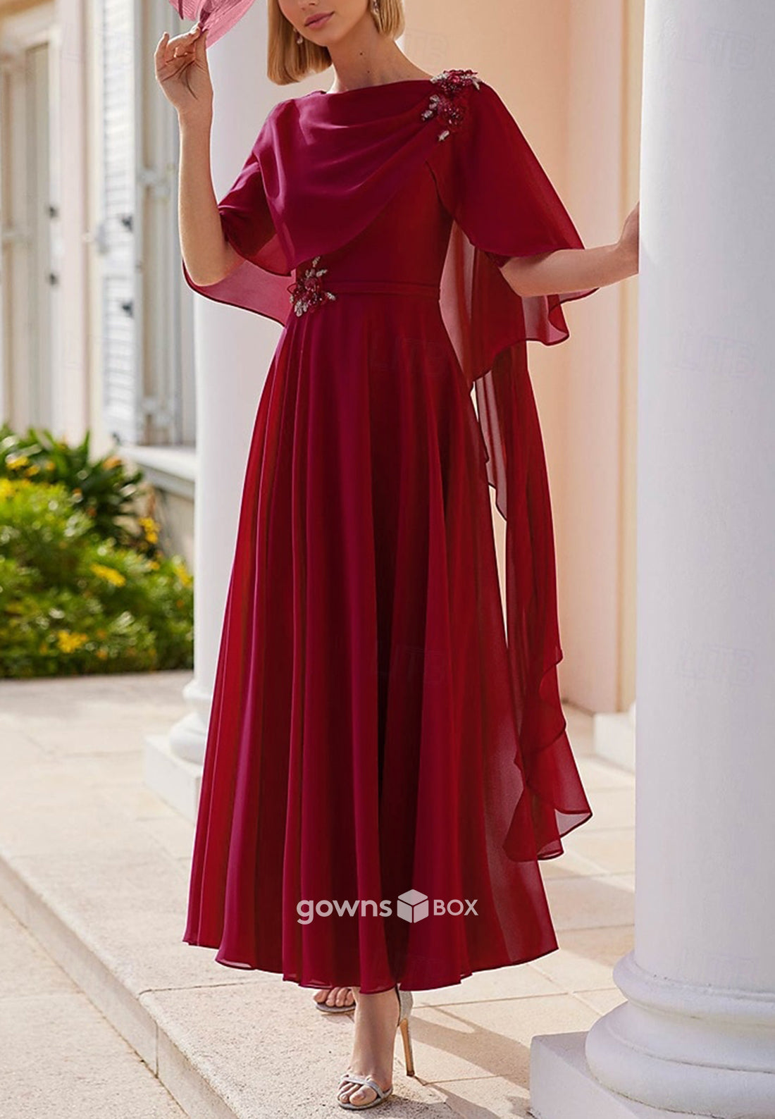 A-Line Ankle-Length Shawl Ruched Chiffon Appliques Mother of the Bride Dresses-GownsBox