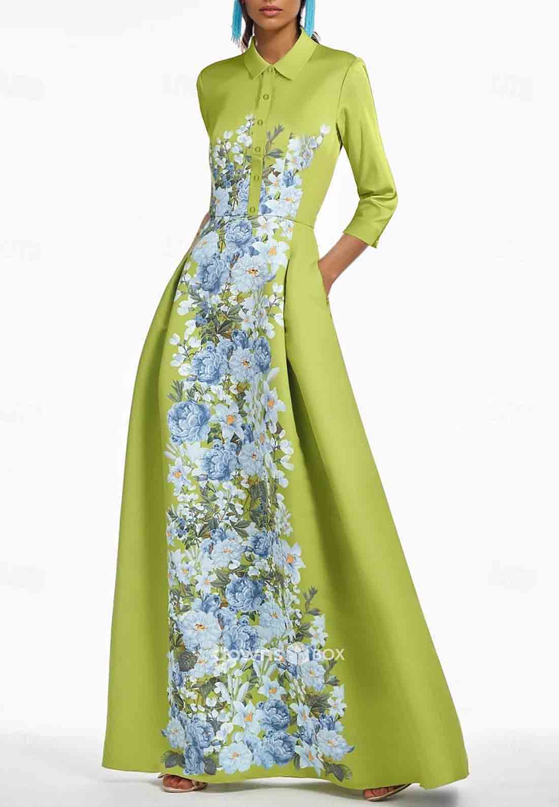 Floral Print 3/4 Sleeve Floor-Length Pleated Satin A-Line Evening Gowns-GownsBox