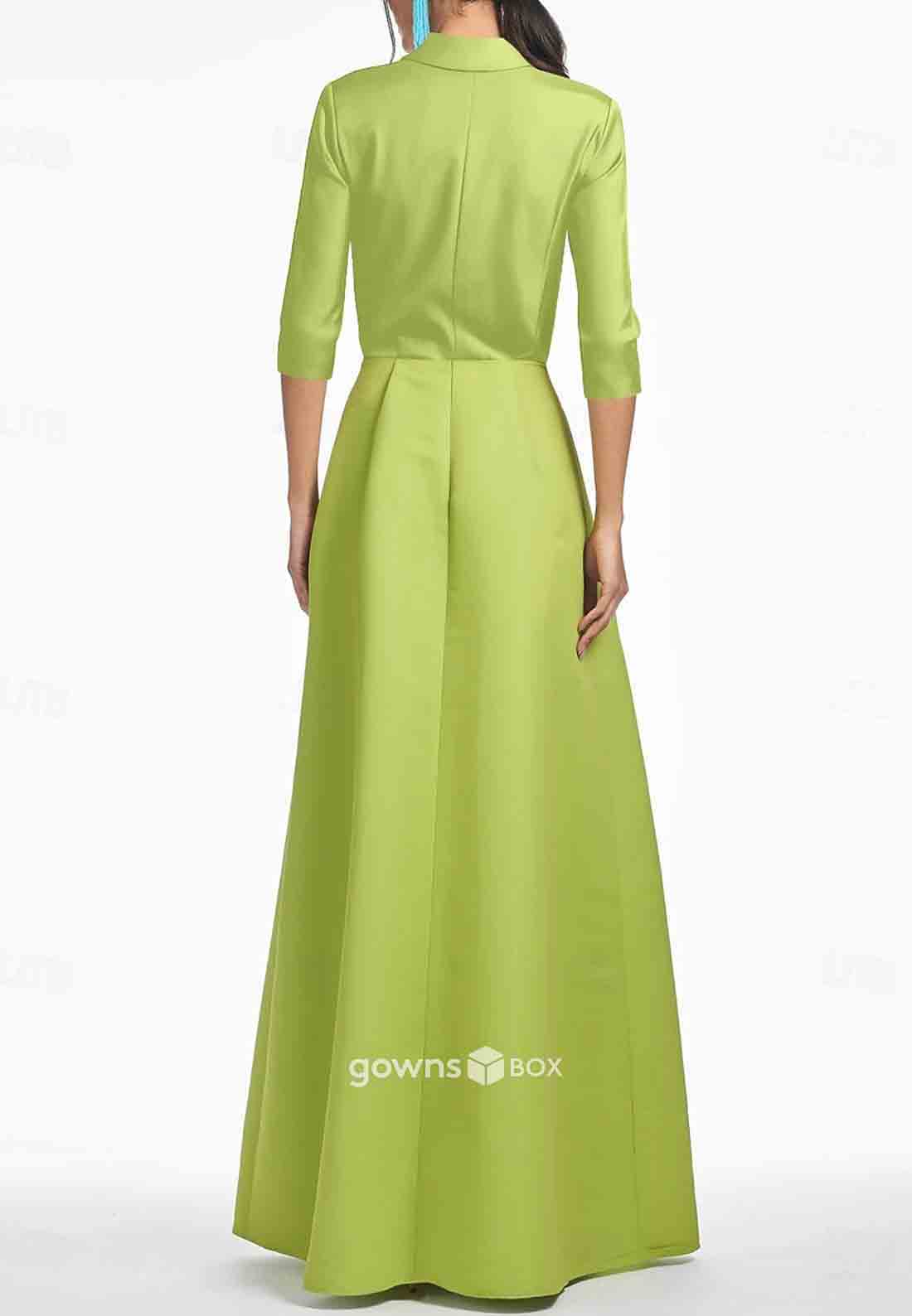 Floral Print 3/4 Sleeve Floor-Length Pleated Satin A-Line Evening Gowns-GownsBox