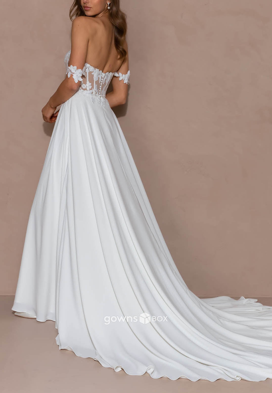 Off-Shoulder High Slit Sweetheart Court Train A-Line Low Back Wedding Dresses-GownsBox
